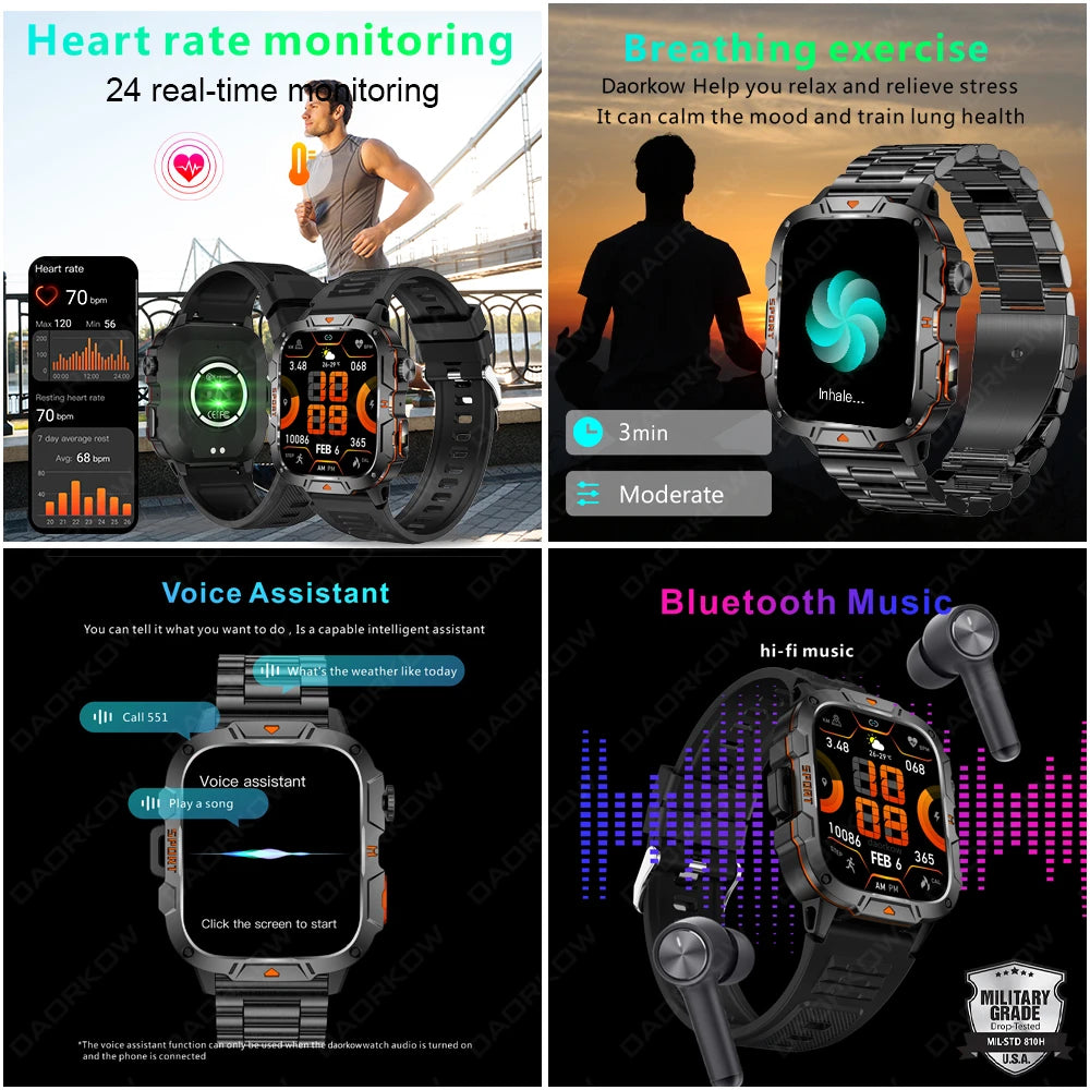 2024 Outdoor Smart Watch Men 2.01" Screen 3ATM Waterproof Watches Bluetooth Call Ai Voice Sport Smartwatch for Android IOS Phone