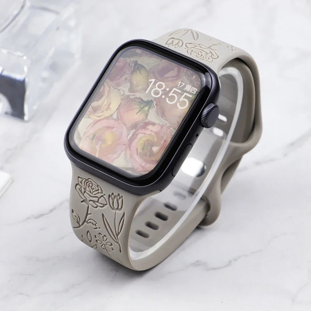 Fashion Engraved Strap for Apple Watch Ultra 2 Band 49mm 45mm 44mm 40 41mm Floral Silicone Bracelet IWatch Series 9/8/7/6/5/4/se