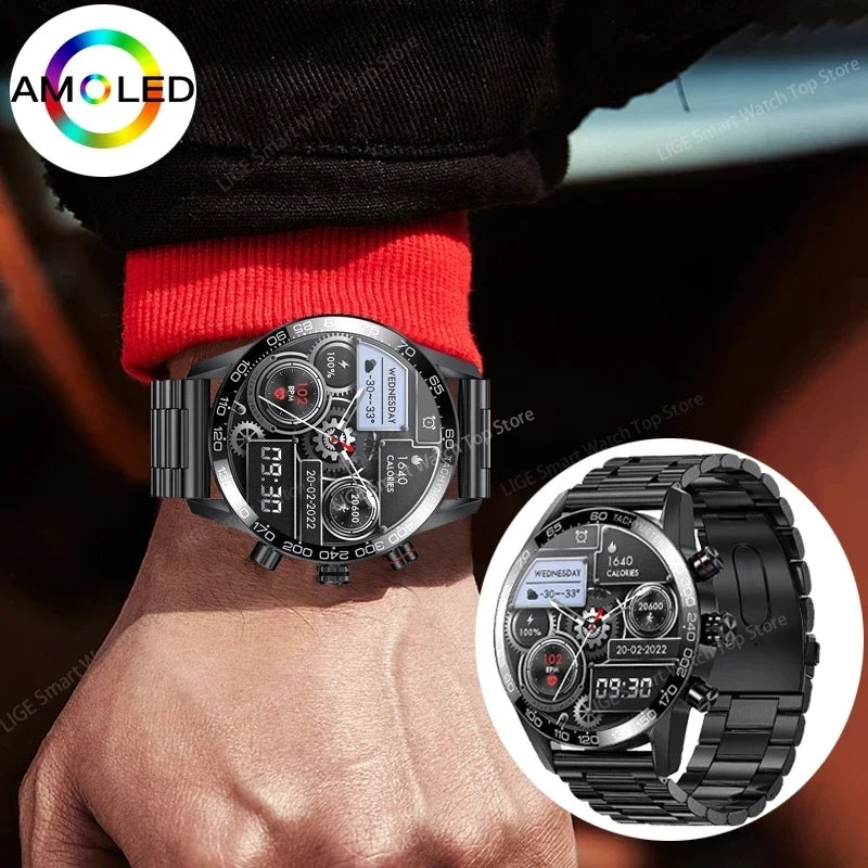 Lige 360 AMOLED HD Screen Watch For Men Smart Watch Bluetooth Calling Smartwatch 2024 Fashion Business Clock New Smartband Man