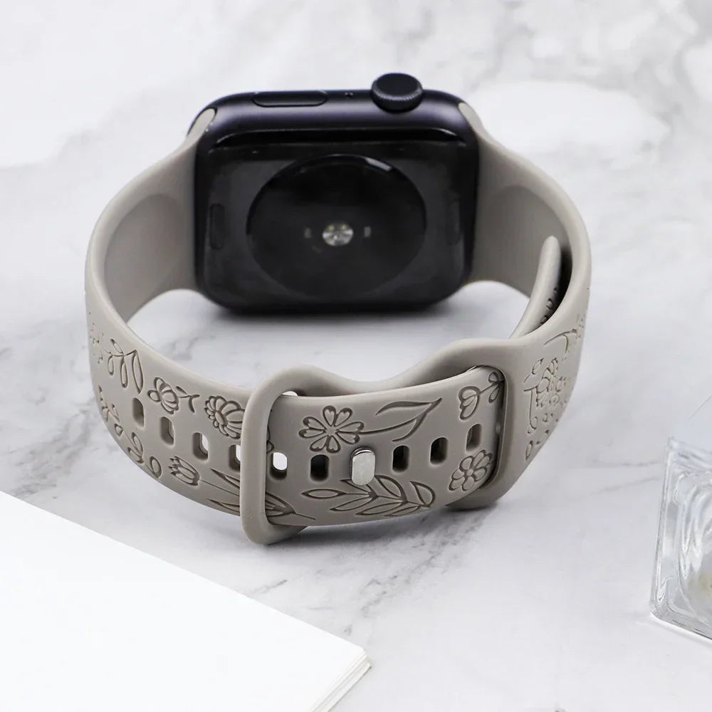 Fashion Engraved Strap for Apple Watch Ultra 2 Band 49mm 45mm 44mm 40 41mm Floral Silicone Bracelet IWatch Series 9/8/7/6/5/4/se