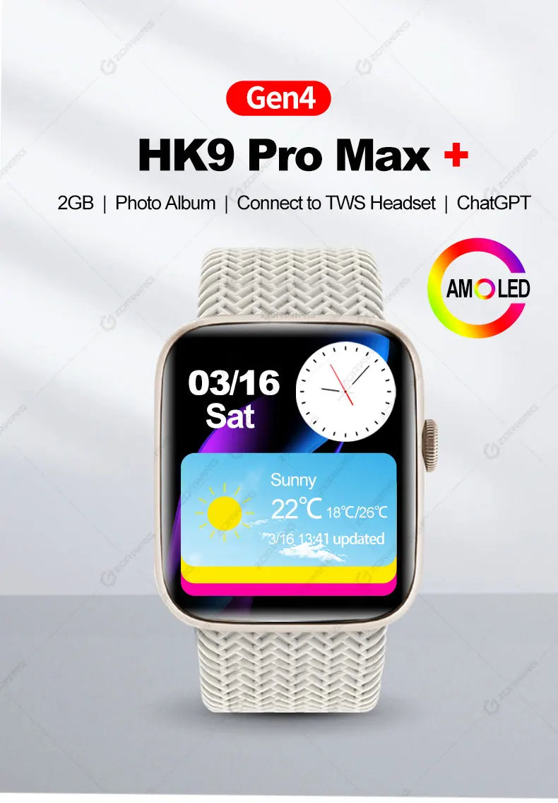 HK9 Pro Max+ Gen4 AMOLED Smart Watch Men Women Chat GPT Photo Album Smartwatch Series 9 Heart Rate NFC Compass Sport Watch 2024