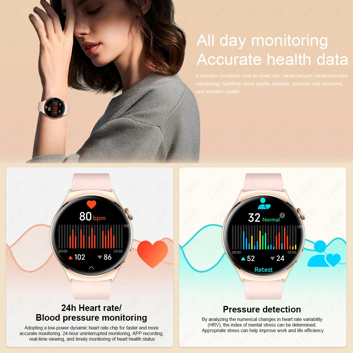 LIGE New 1.43 Inch AMOLED Screen Smart Watch 2024 Bluetooth Call Watches For Women Health Monitor Sport Fitness Women Smartwatch