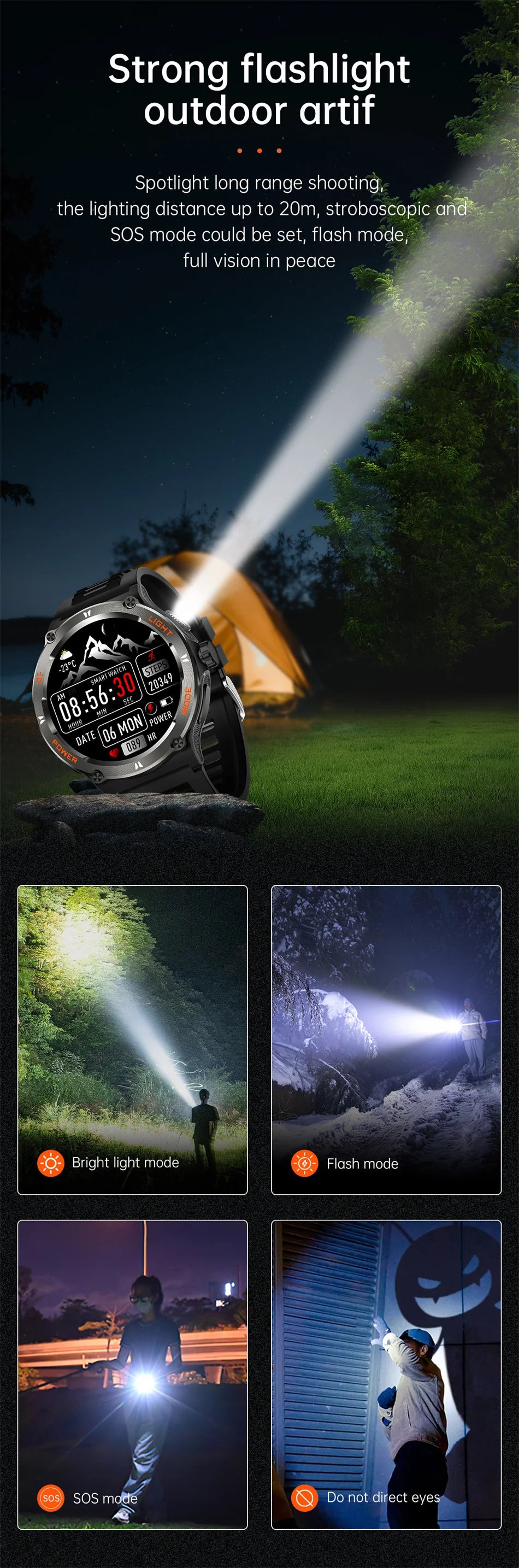 2024 For HUAWEI Xiaomi Smart Watch Men Outdoor GPS Sport Trajectory Compass LED Flashlight 3ATM Waterproof BT5.3 Call Smartwatch