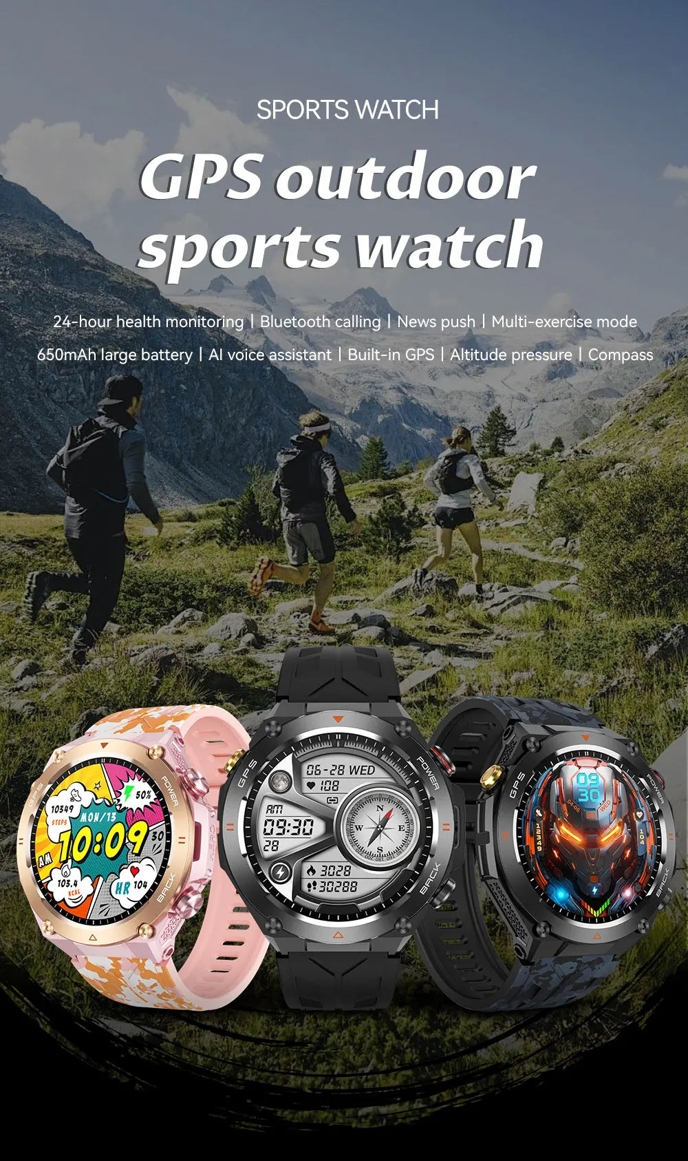 2024 GPS Smart Watch Men 1.45" Ultra HD Display Compass Altitude Sports Bluetooth Call 1ATM waterproof 650mAh Battery Smartwatch