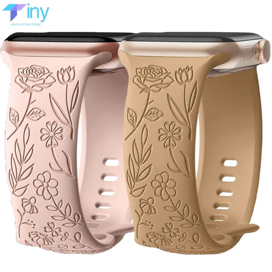 Fashion Engraved Strap for Apple Watch Ultra 2 Band 49mm 45mm 44mm 40 41mm Floral Silicone Bracelet IWatch Series 9/8/7/6/5/4/se