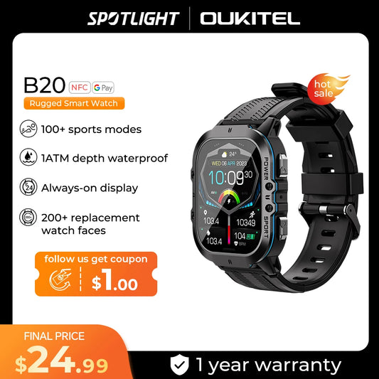 Oukitel BT20 2024 Rugged Smartwatch Sport Smart Watch For Men 350mAh BT 5.2 1.96 Inch  AMOLED Display Men's Smartwatch