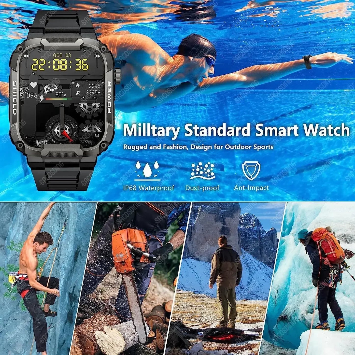 2024 Men Smart Watch Military Healthy Monitor Blood Pressure Smartwatches Bluetooth Call AI Voice Fitness Sports Smartwatch IOS