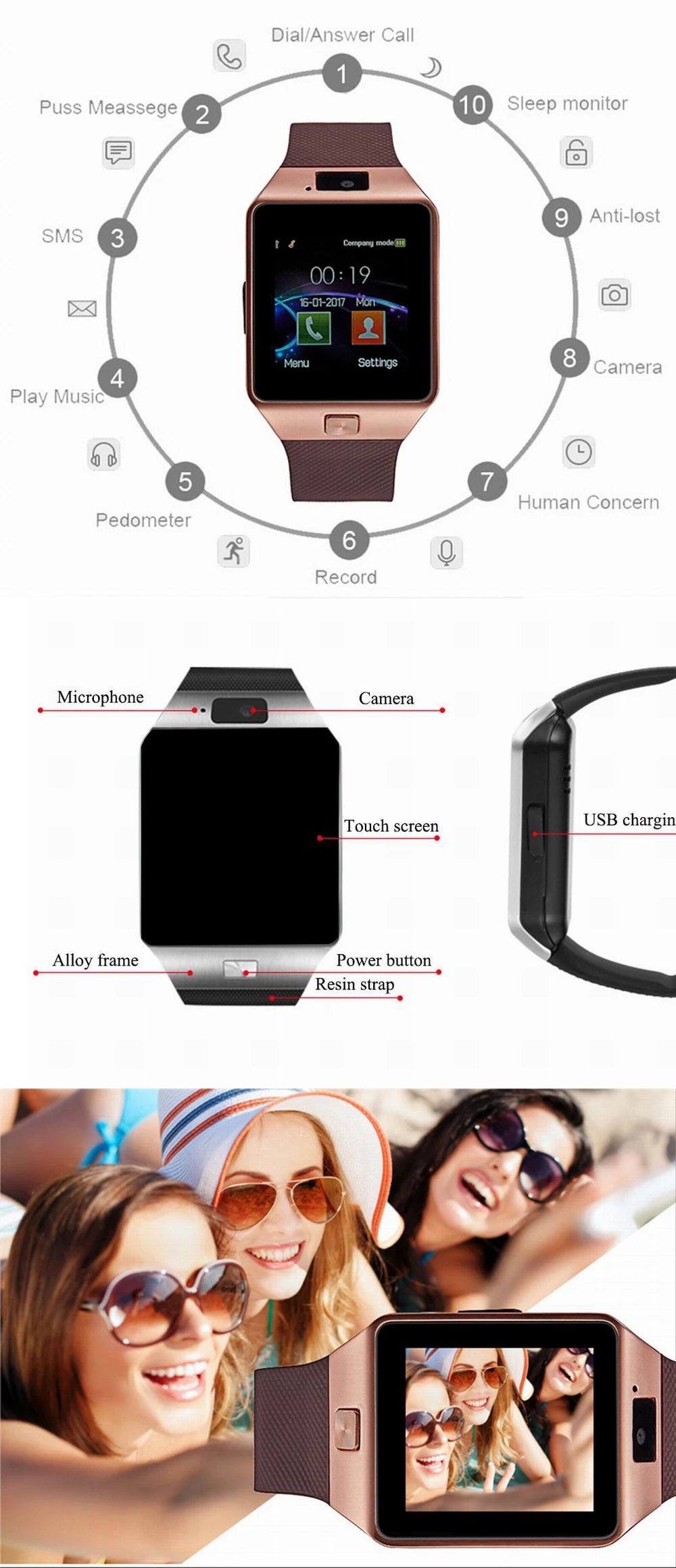 DZ09 Smart Watch TF SIM Card Digital Touch Screen Camera Smartwatch Bluetooth Remote Camera WristWatch For IOS & Android Phones