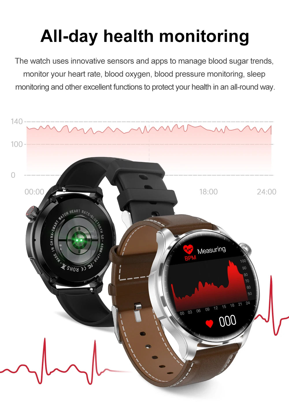 For Android 2024 New SmartWatch Men GPS Track Heart Rate AMOLED 360*360 HD Screen Blood Sugar BT Call IP68 Waterproof Smartwatch