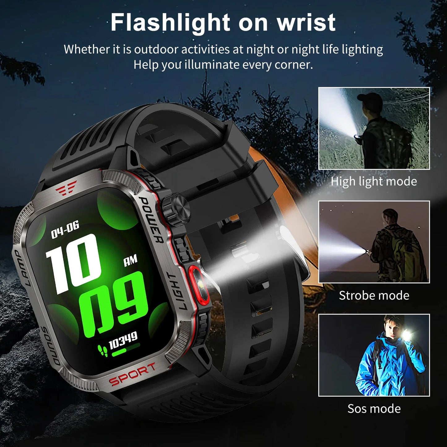 2024 Smart Watch Men LED Flashlight Compass Altitude Air Pressure 100+ Sport Mode Fitness Tracker Outdoor Military Smartwatch