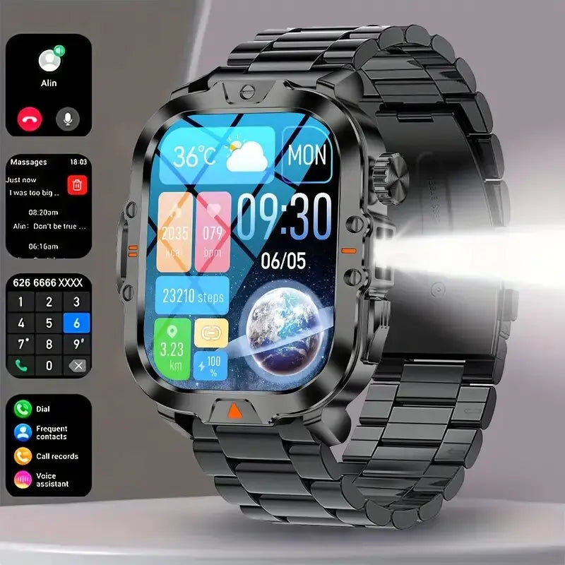 LIGE Smart Watch Men 2.01'' HD Display LED Flashlight Bluetooth Call Heart Rate Health Monitor Waterproof Rugged Smartwatch 2024