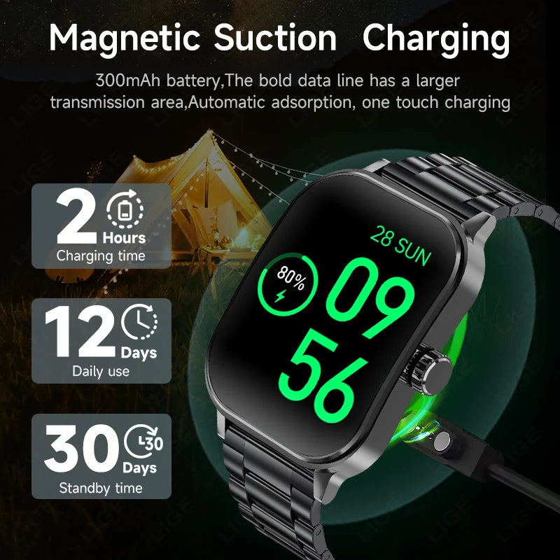 LIGE Smart Watches Men 2.1 inch 3D Screen Sports Bracelet Blood Oxygen Health Monitor Voice Assistant Waterproof Smartwatch 2024