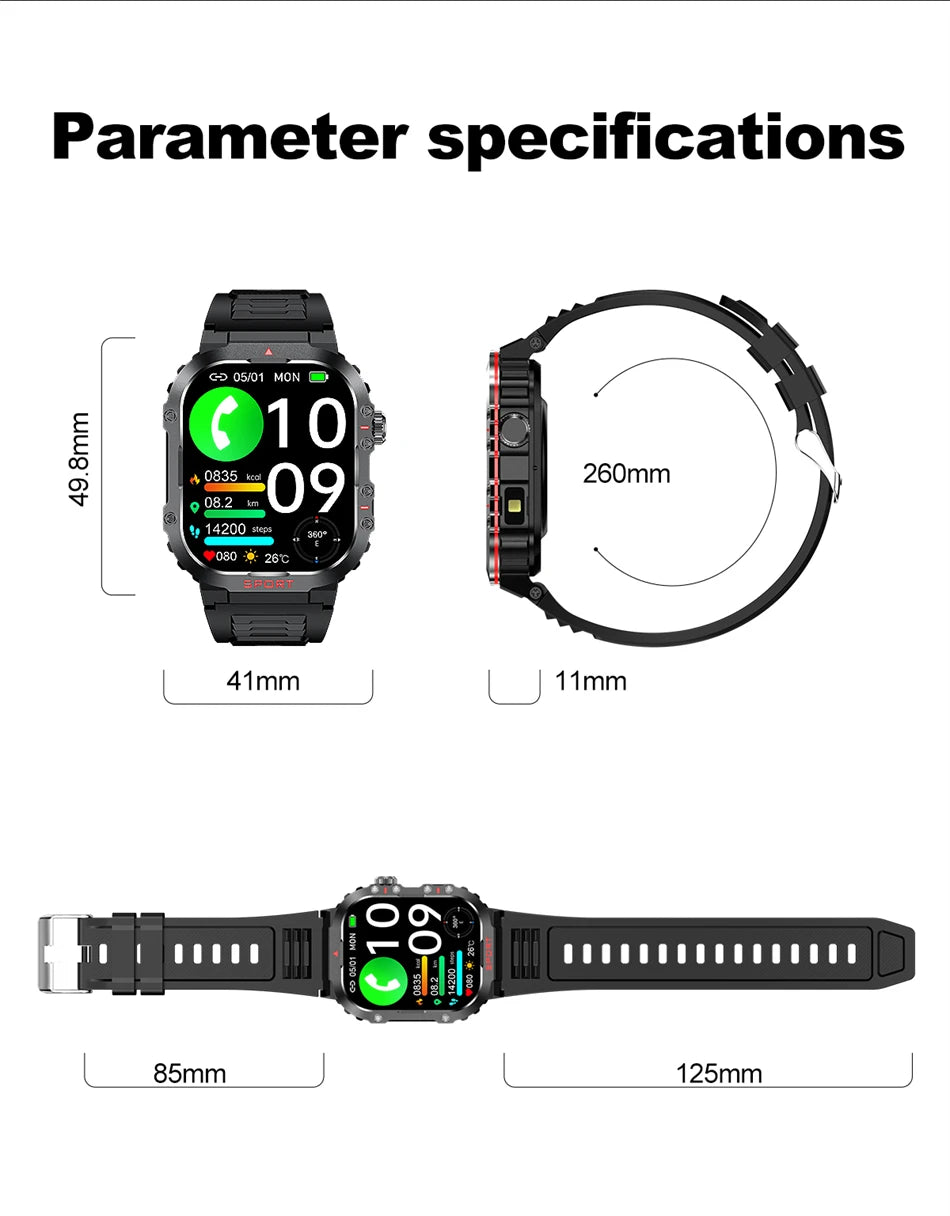 2024 Military Smart Watch Men 2.01 Inch HD Screen Waterproof Health Monitor Outdoor Sport Ai Voice Bluetooth Call Smartwatch