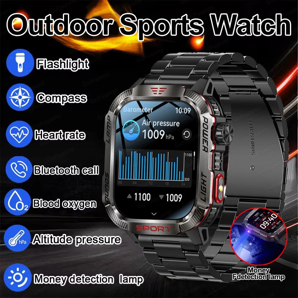 Military Sports Smartwatch Men Flashlight Compass Altitude Pressure Fitness Waterproof Bluetooth Call Check Bill Smartwatch 2024