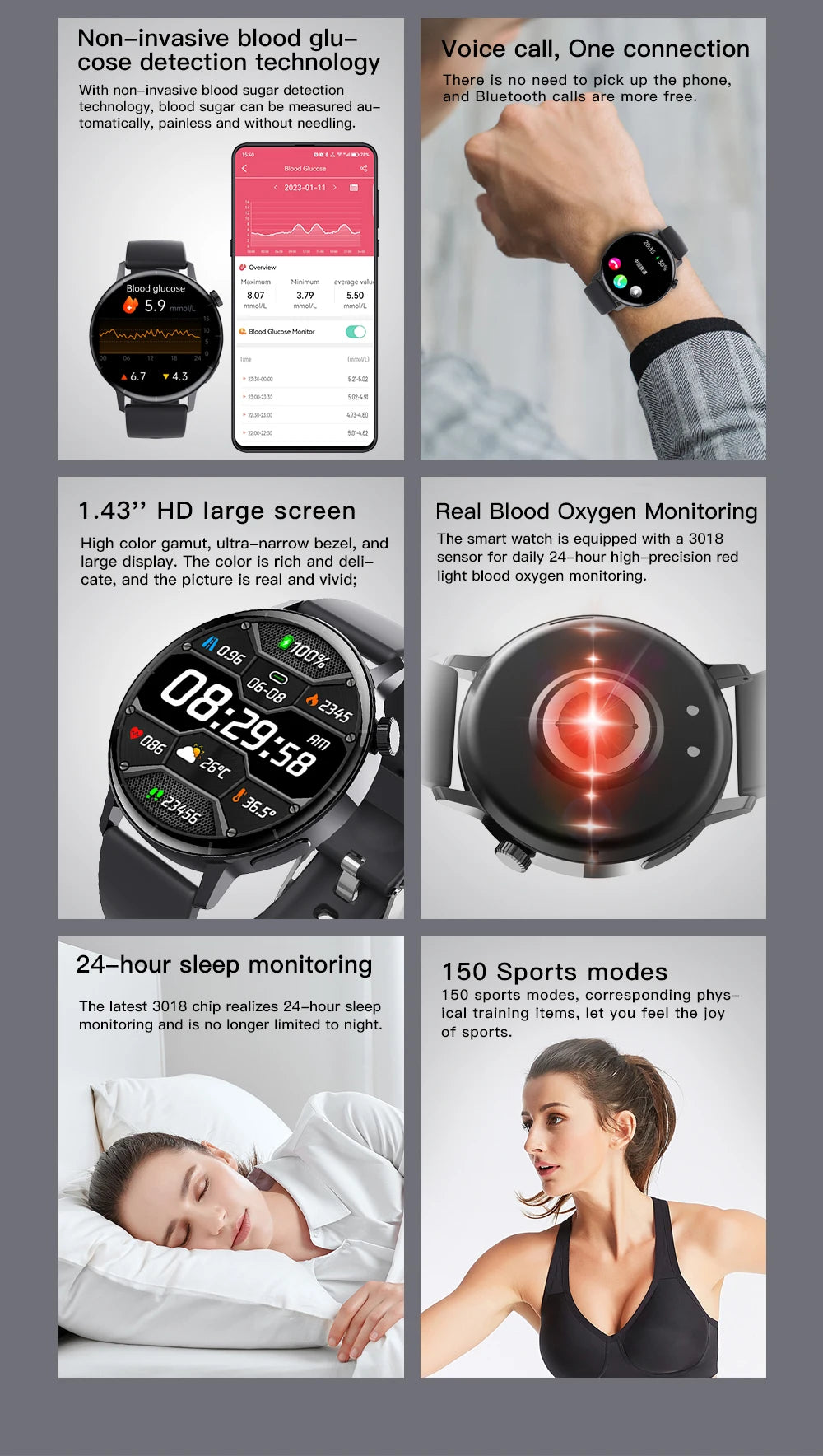 Smart Watch 2024 Bluetooth Call Heart Rate Blood Glucose Blood Oxygen Monitoring Fitness Tracker Smartwatch For Men And Women