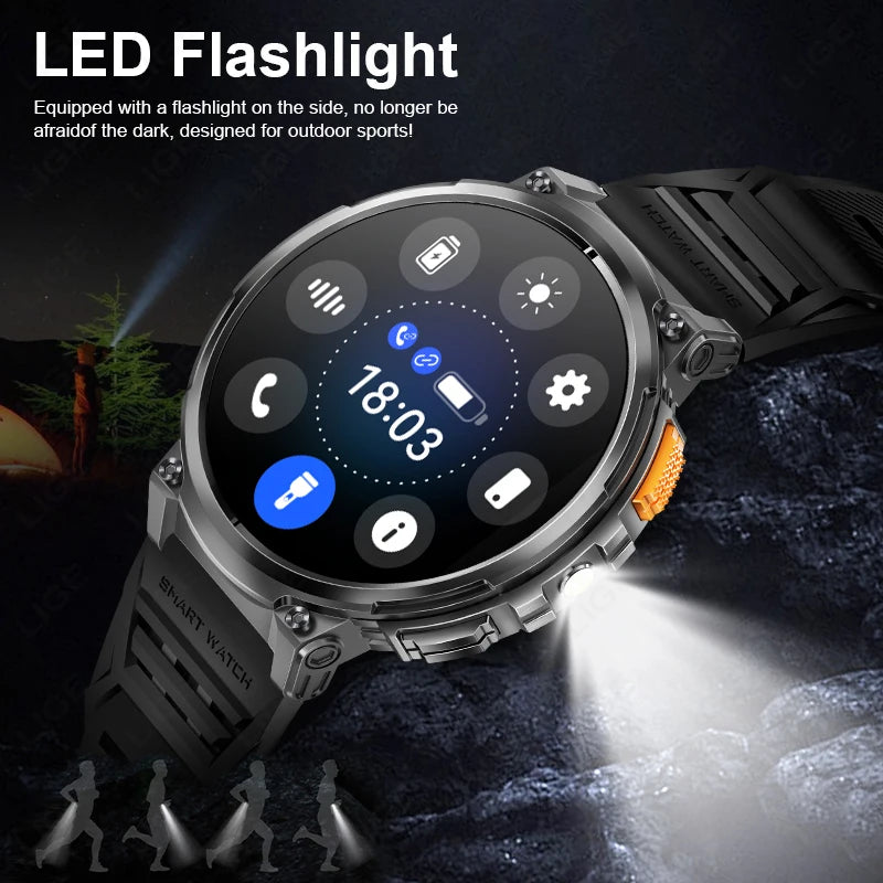 2024 Smart Watch Men 1.85'' Screen Outdoor Sport Heart Rate Flashlight Watch 730mAh Battery Waterproof Wireless Call Smartwatch