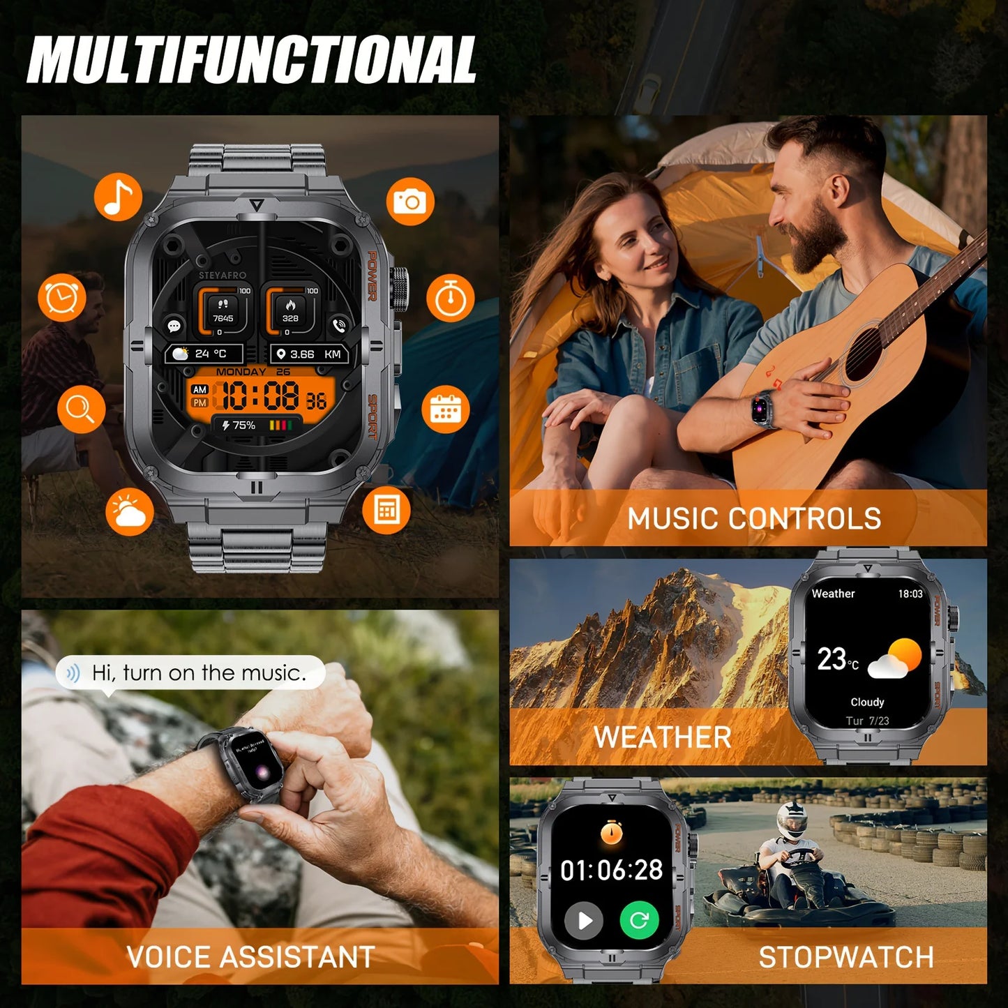 2024 New rugged Military Fitness smartwatch for Men Android IOS IP68 Waterproof Sport Ai Voice Call LED Flashlight Smartwatch