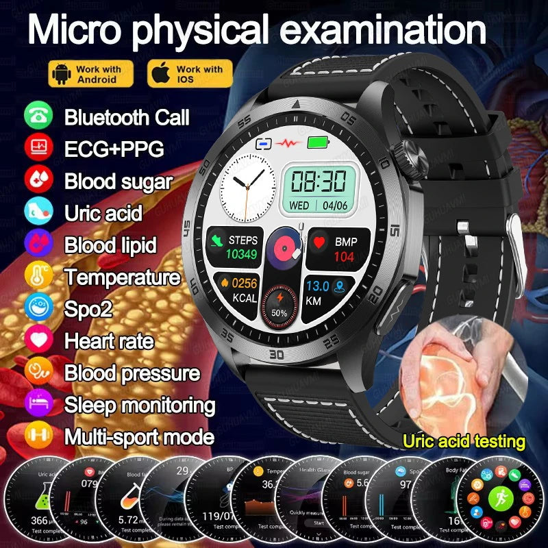 2024 New Blood Lipids Uric Acid Blood Glucose Smart Watch HD AMOLED Screen Men ECG+PPG Bluetooth Call Health tracker Smartwatchs