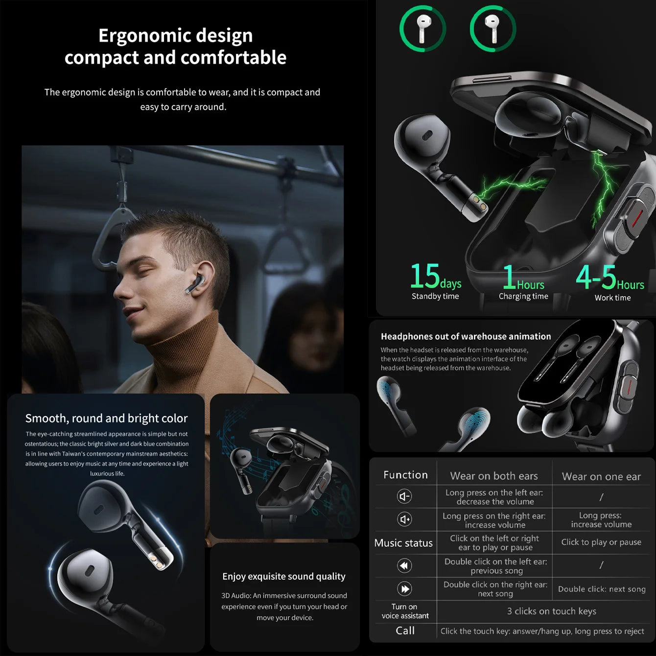 2024 2-In-1 Smartwatch With Earphones Man 2" Multi Sport Bt Call Nfc Exercise Tracker Compatible With Iphone Android Phone