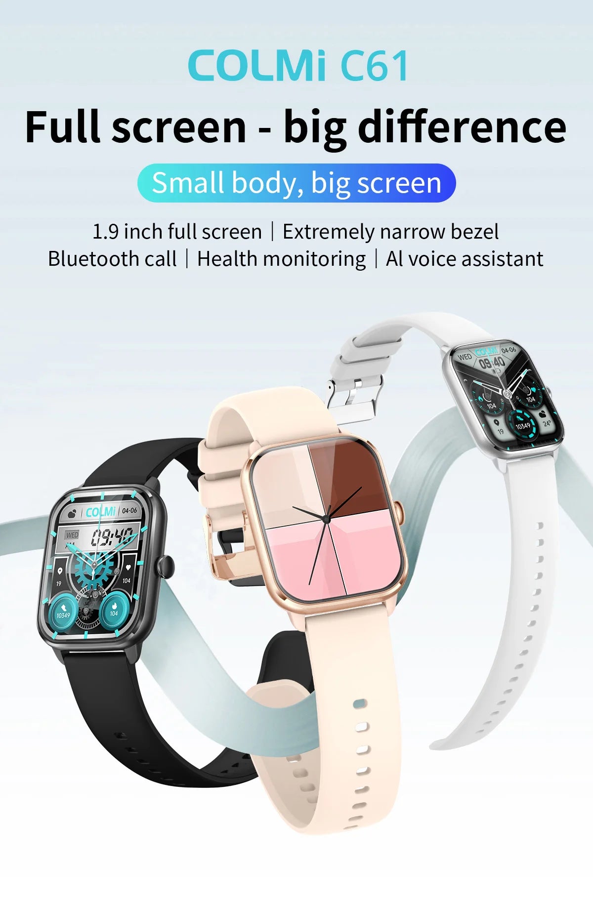 COLMI C61 Smartwatch 1.9 Inch Full Screen Bluetooth Calling Heart Rate Sleep Monitor 100 Sport Models Smart Watch For Men Women