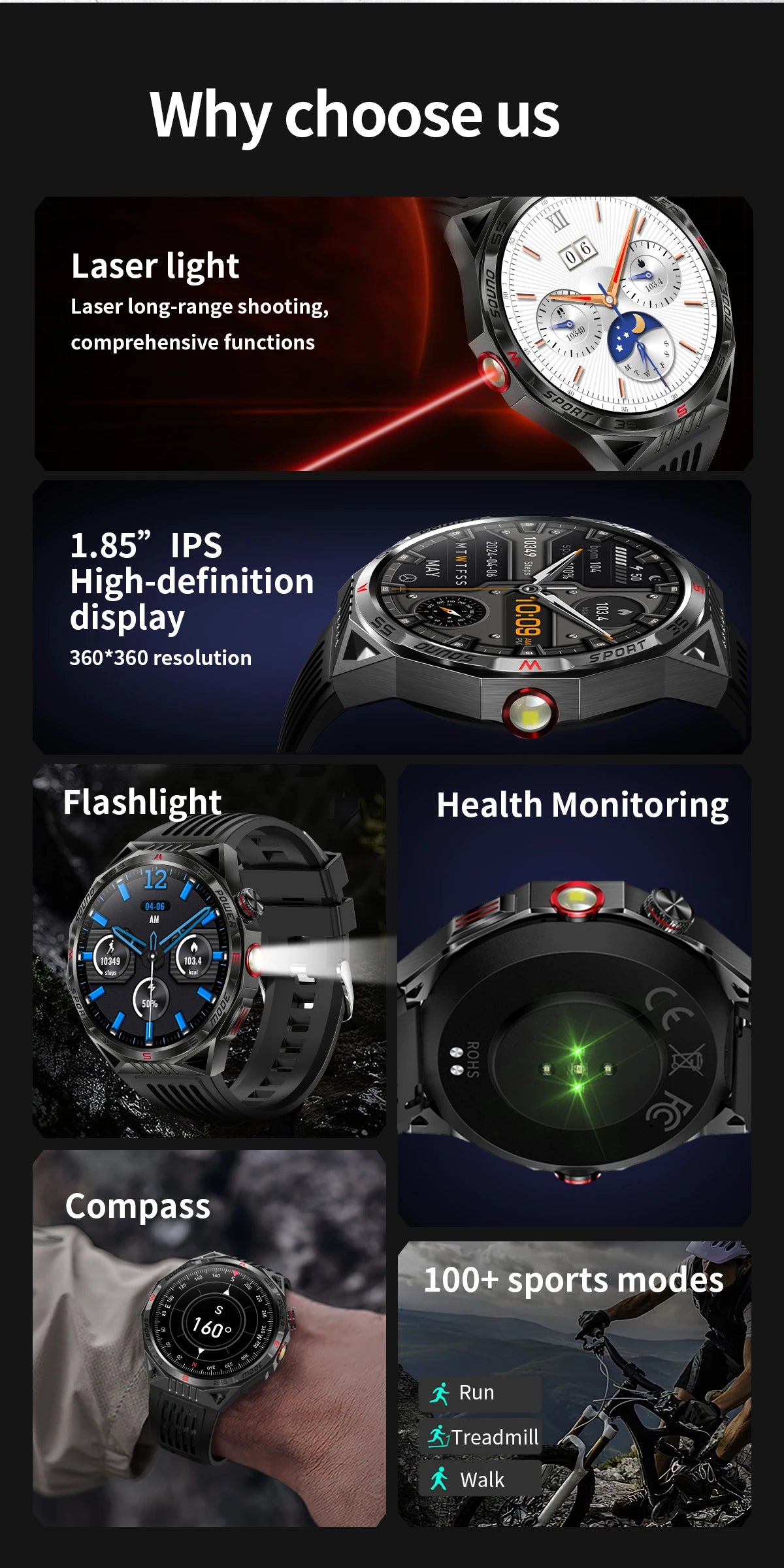 2024 New Men Smart Watch LED Lighting Compass GPS Track Bluetooth Call IP68 Waterproof Sports Fitness Tracker Sports Smartwatch