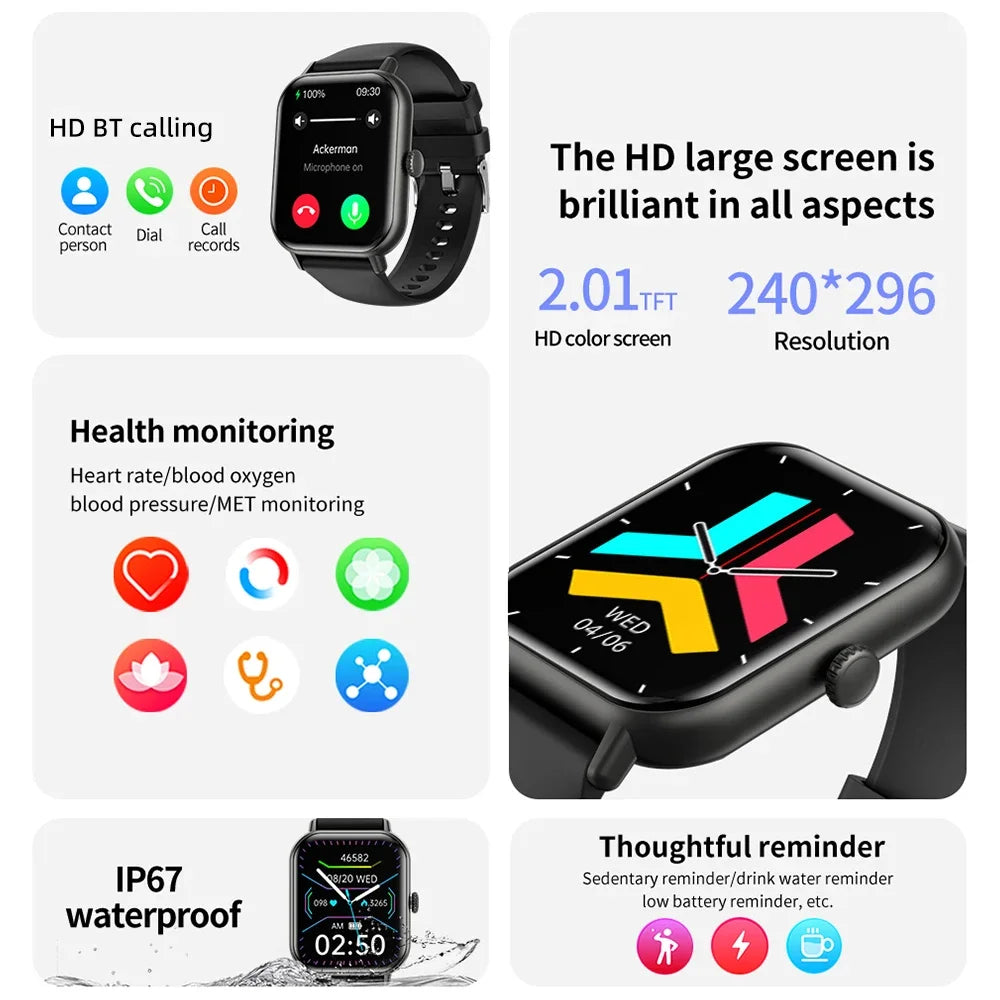 2.01 inch Bluetooth Call Smartwatch Men Support 100+ Sport Fitness Track 2024 New Women Rotary Keys Smart Watch