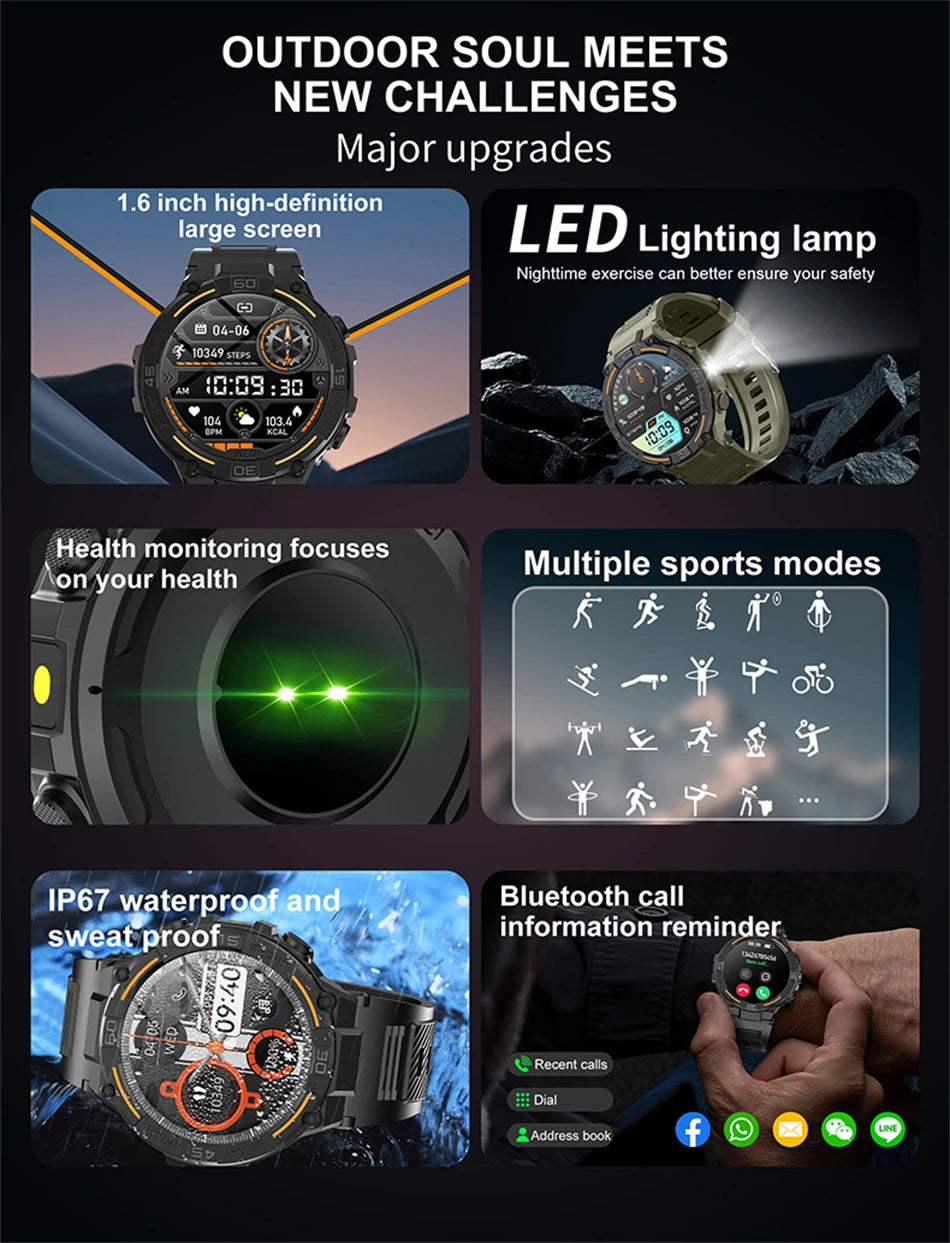 LED Flashlight Smartwatch Men Outdoor Sports Tracker Health Monitoring Voice Assistant Bluetooth Call Smart Watch Men 2024 New