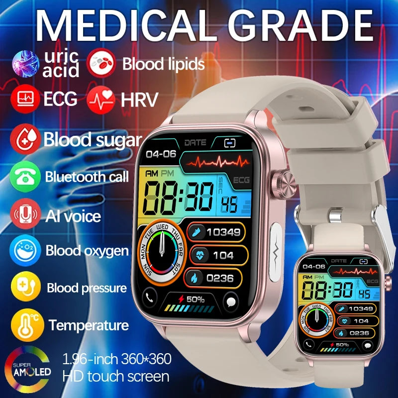 For IOS Xiaomi AMOLED Three High Smart Watch Men Heart Rate Blood Glucose lipids Uric Acid Health Tracker SmartWatches 2024 New