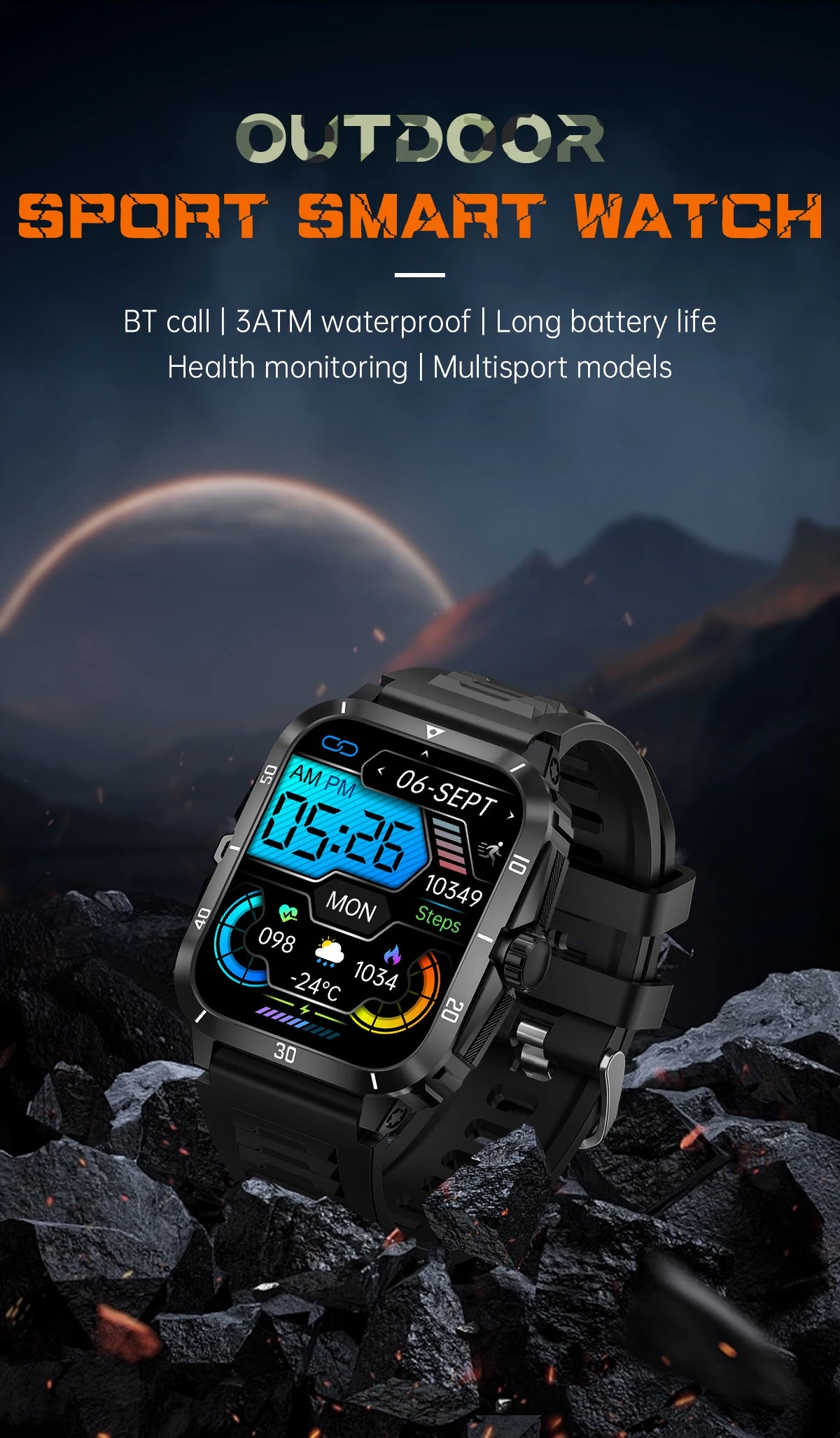 2024 Outdoor Military 3ATM Waterproof Smart Watch Men 430mAh Battery Heart Rate Sports Fitness Watches Bluetooth Call Smartwatch