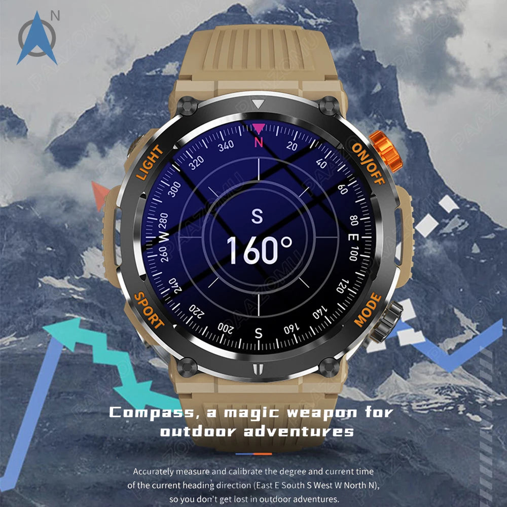 2024 New Compass Smart Watch LED Flashlight Outdoor Watches IP67 Waterproof Bluetooth Call Sports Fitness Tracker Smartwatch Men