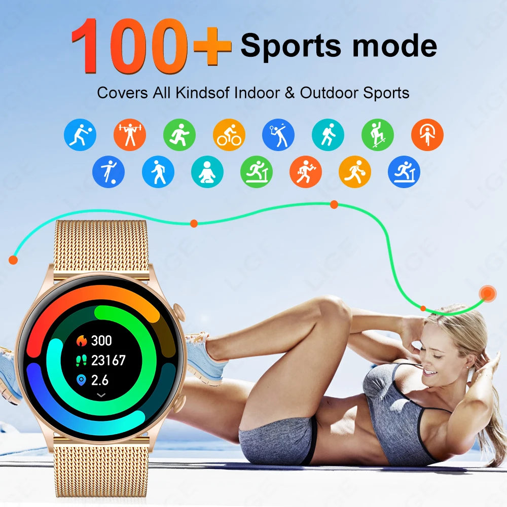 LIGE 2024 Bluetooth Call Smartwatch 1.43'' AMOLED HD Screen Smart Watch for Women Ladies Wristwatch Men Smart Watches, Free Ship