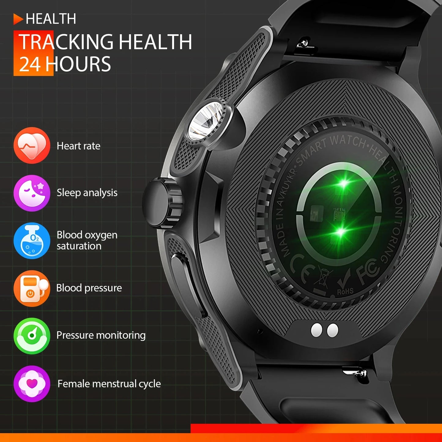 2024 New For Huawei IOS Top Outdoor Military Smartwatch Men Compass Bluetooth Call 3ATM Waterproof Heart Rate LED Lighting Watch