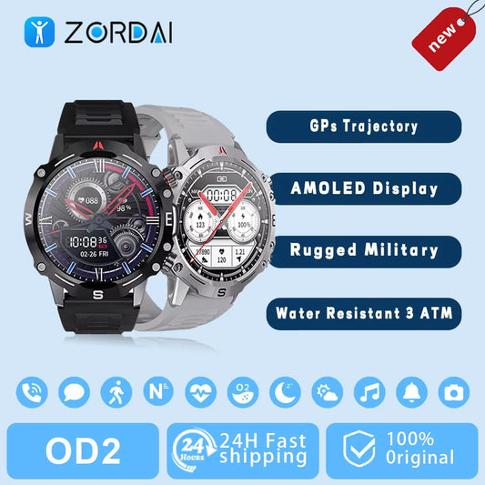 Zordai OD2 Rugged Military GPS Track Smart Watch Men Bluetooth Call 3ATM Waterproof Outdoor SmartWatches For Huawei Xiaomi 2024