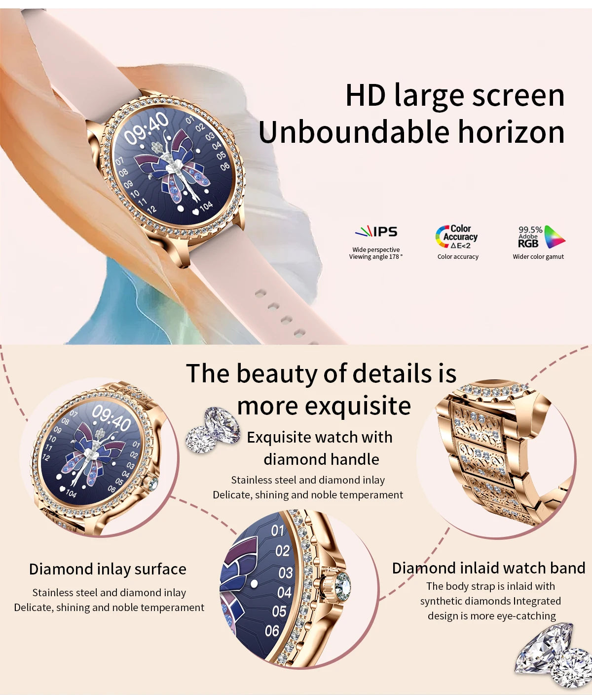 2024 New Gold Luxury Smart Watch Women 1.32Inch HD Screen Sports Custom Dial Heart Rate Voice Call Smart watch For Gift Ladies