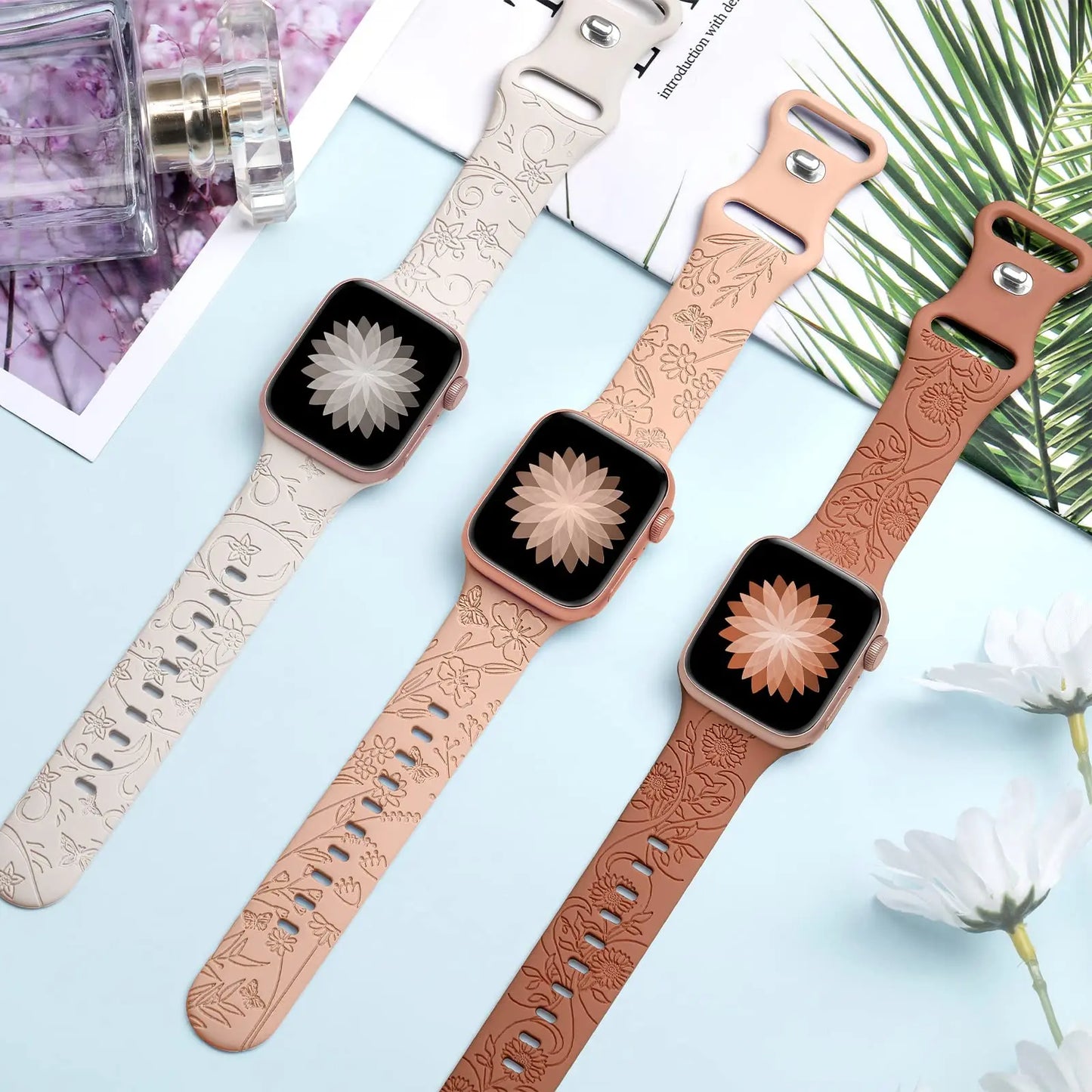 Floral Engraved Strap For Apple Watch Band 40mm 41mm 45mm 44mm 49mm 38mm 42mm silicone bracelet iwatch series 9 7 se 6 8 ultra 2