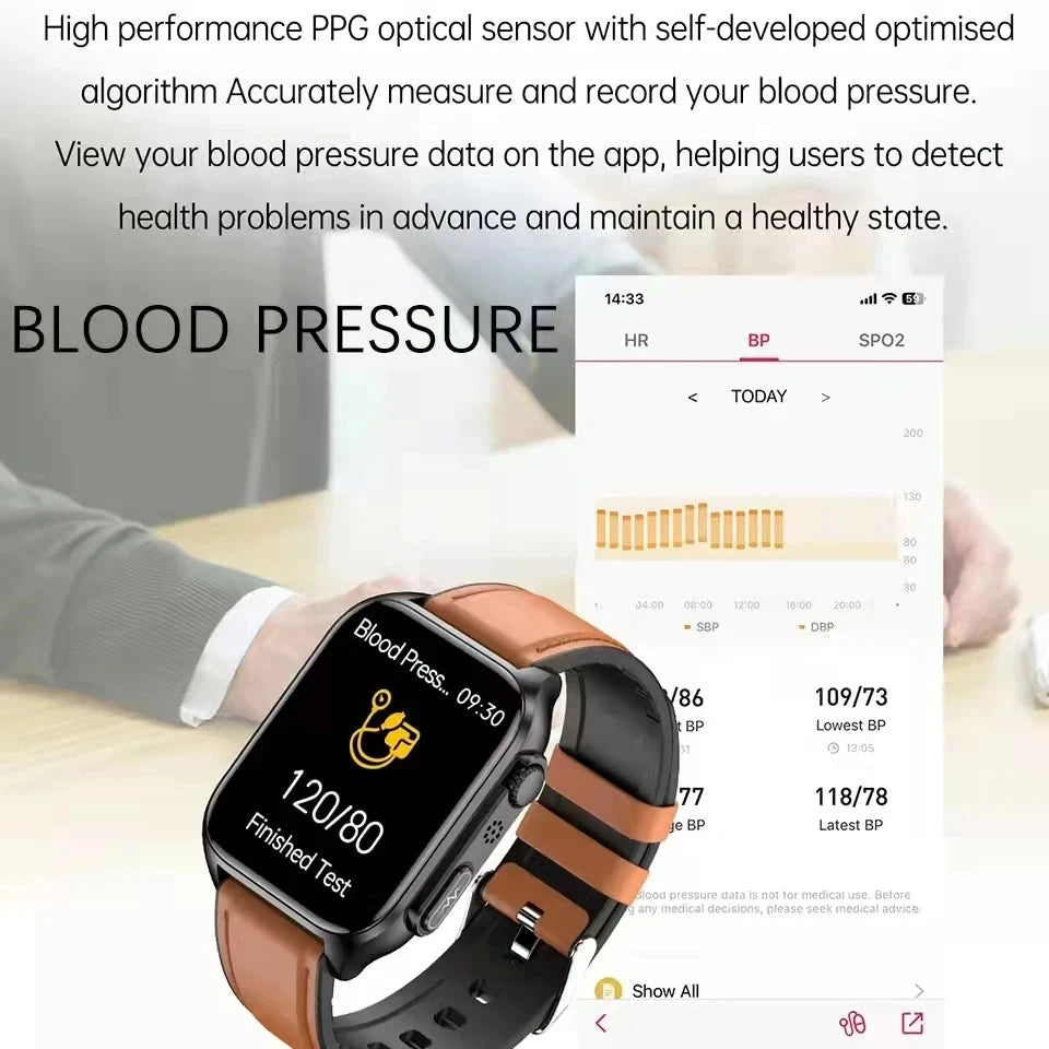 2024 New Non-invasive Blood Sugar Smartwatch Men Voice Calling Wristwatch Body Temperature Stress Test ECG+PPG Waterproof Watch