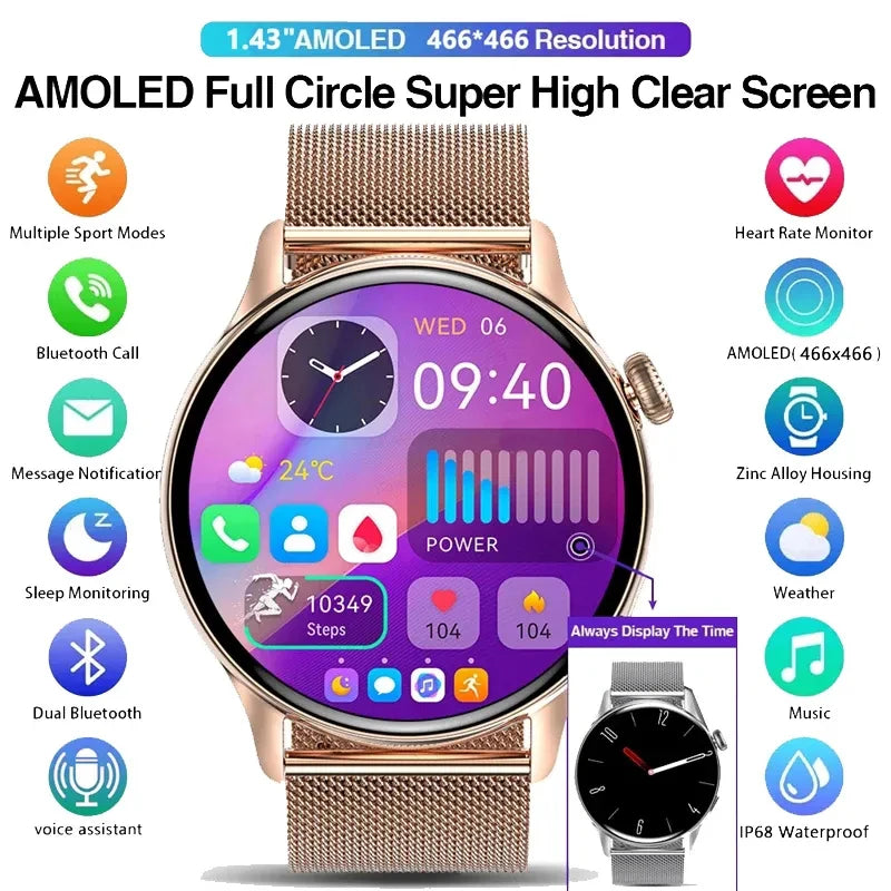 2024 New For Xiaomi Huawei 1.43 inch Bluetooth Call Smart Watch Women Men AMOLED 466*466 HD Pixel Display Smart Watch Ladies