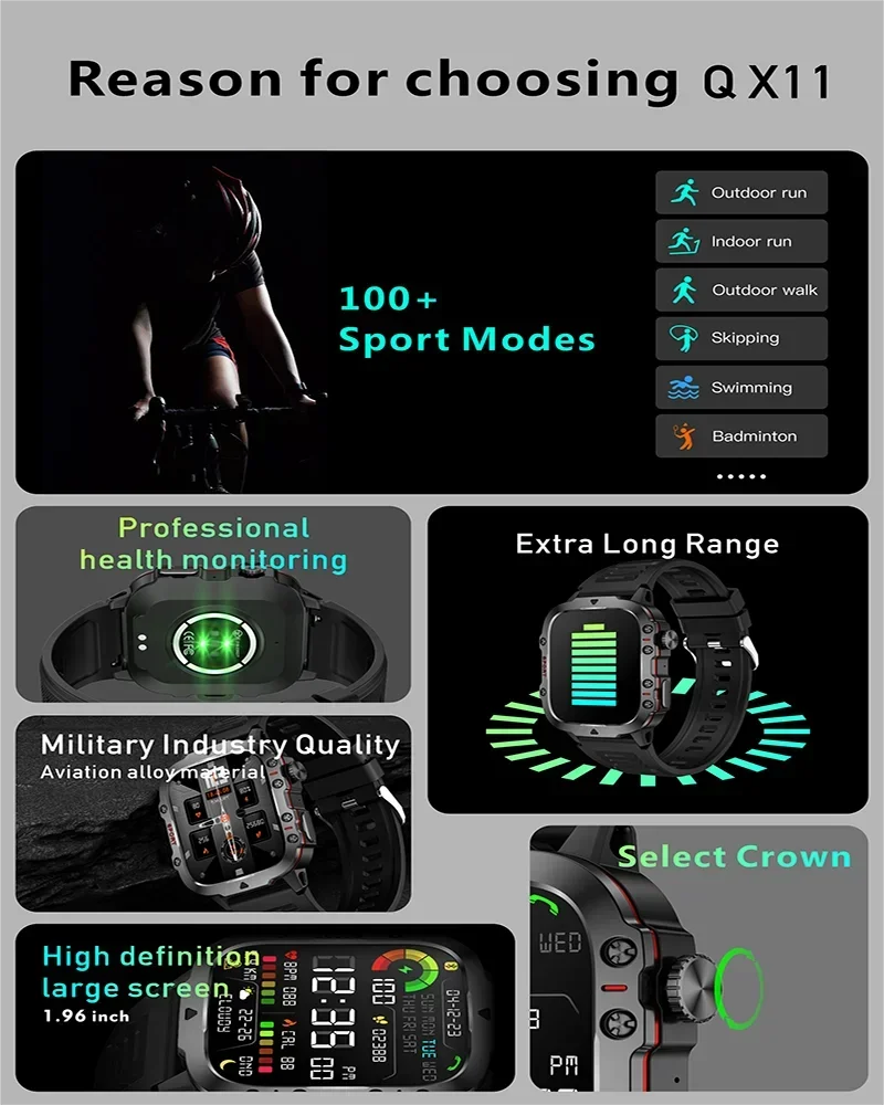 2024 New Military Rugged Men Smart Watch Outdoor Sports Fitness Tracker AMOLED Screen Health Detection Bluetooth Call smartwatch