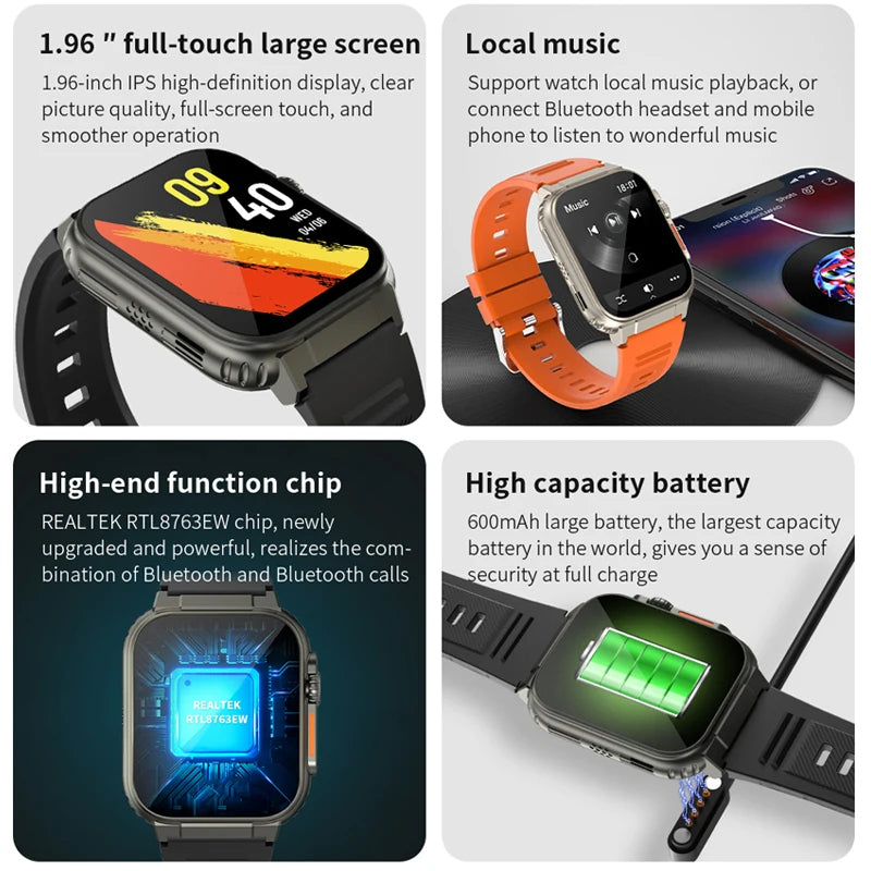 Rugged Military Smart Watch Men 2.01 inch GPS Sports Fitness Tracker Local Music IP68 Waterproof Bluetooth Talk Smartwatch 2024