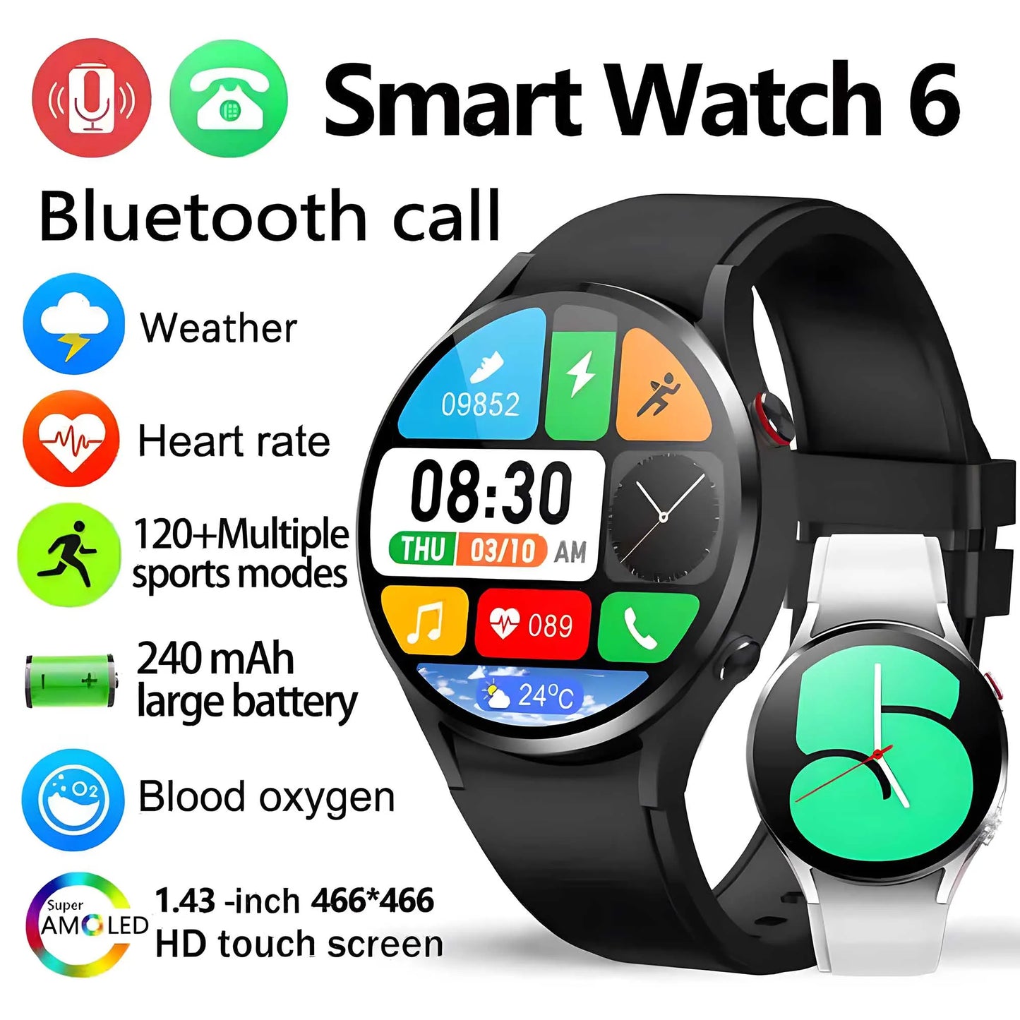 2024 New Smart Watch 6 Men Voice Call 466*466 HD Screen Custom Wallpaper Sport Health Detection Smartwatch for Huawei Xiaomi iOS