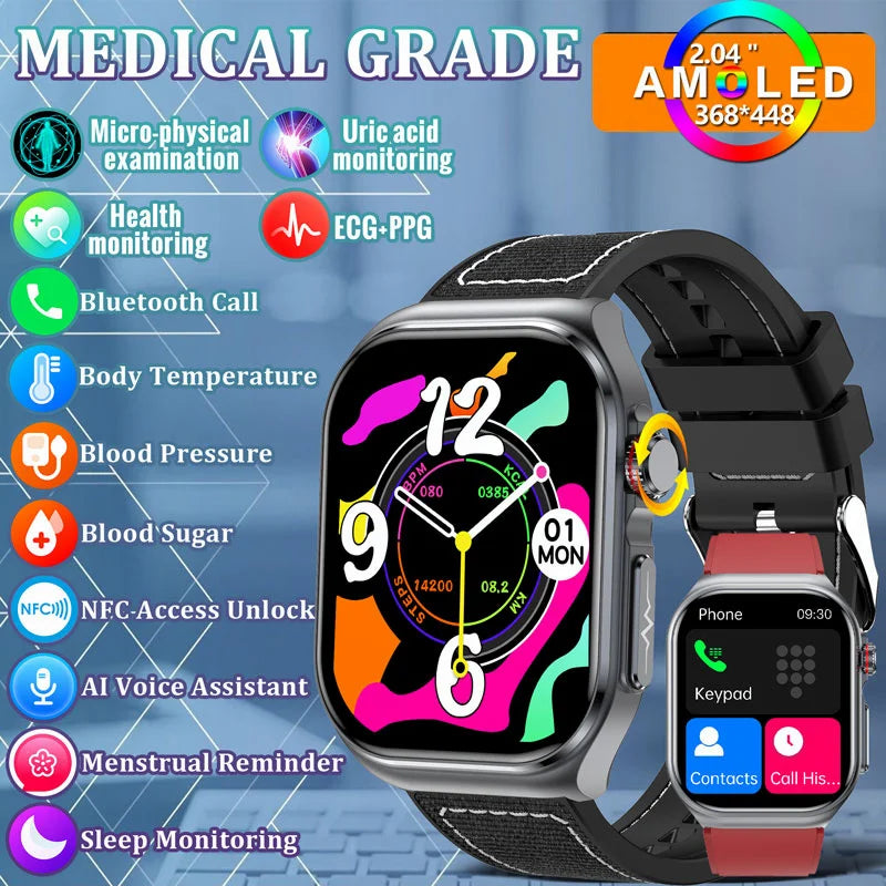 2024 New Medical Grade Smart Watch Men Blood Sugar Lipids Uric Acid Watches ECG AI Voice Health Clock Bluetooth Call  Smartwatch