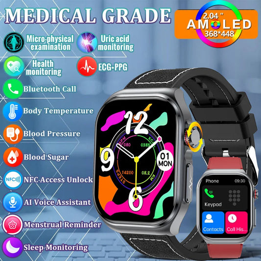 2024 New Medical Grade Smart Watch Men Blood Sugar Lipids Uric Acid Watches ECG AI Voice Health Clock Bluetooth Call  Smartwatch