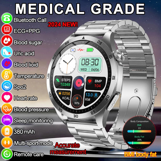 2024 New Micro Physical Examination Blood Lipids Uric Acid Blood Glucose Smart Watch ECG+PPG Clock Bluetooth Call Smartwatch Men