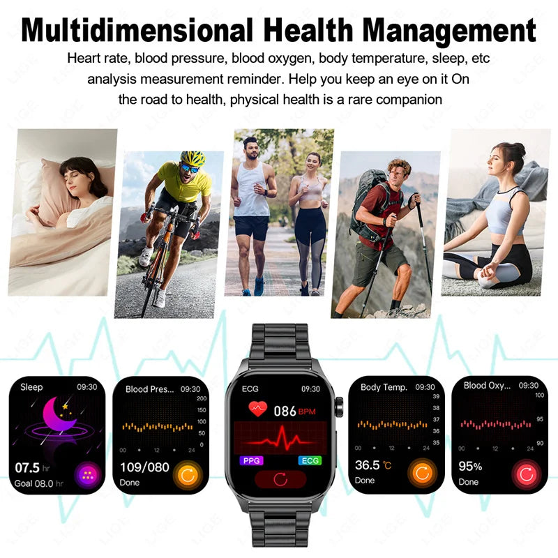 ECG Heart Monitor SOS Bluetooth Call Waterproof Sports Smartwatch 2.04'' HD Screen AI Medical Diagnosis Men Smart Watch 2024 New