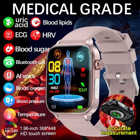 2024 New Blood Sugar Blood Lipid Health Smart Watch Men Women Uric Acid ECG+PPG Body Blood Composition Bluetooth Call Smartwatch