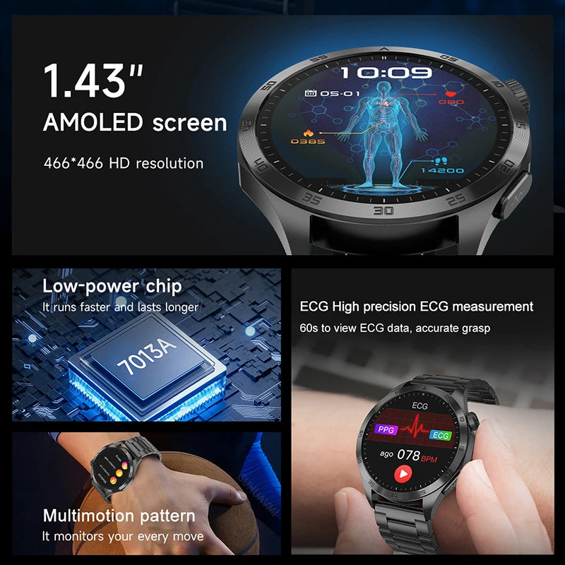 2024 New Micro Physical Examination Blood Lipids Uric Acid Blood Glucose Smart Watch ECG+PPG Clock Bluetooth Call Smartwatch Men