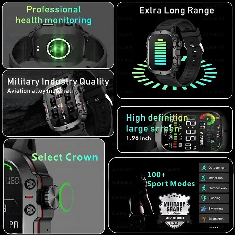 2024 New Rugged Military Smart Watch Men AMOLED HD Screen Heart Rate Bluetooth Call Waterproof Outdoor SmartWatches For Huawei