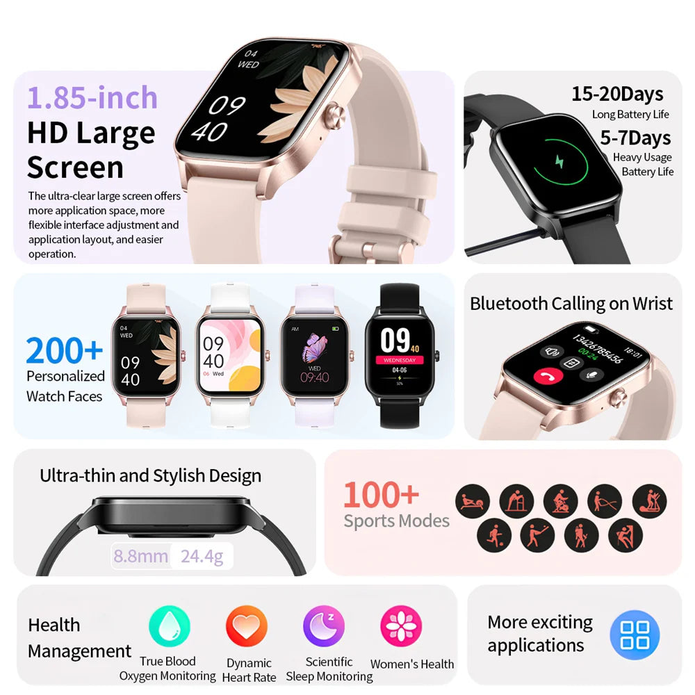 Smart Watches Women Smart Watches Smartwatch Man 2024 1.85" Large Display Heart Rate 100+ Sport Mode Bt Calls For Apple Iphone