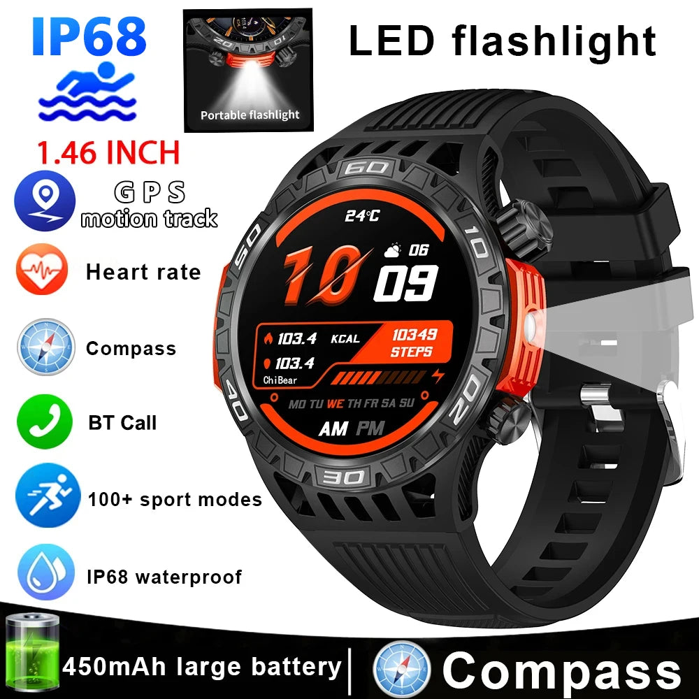 New Smart Watch Men With LED Flashlight Sports Fitness Watch IP68 Waterproof Health Monitoring Bluetooth Call Smartwatch 2024