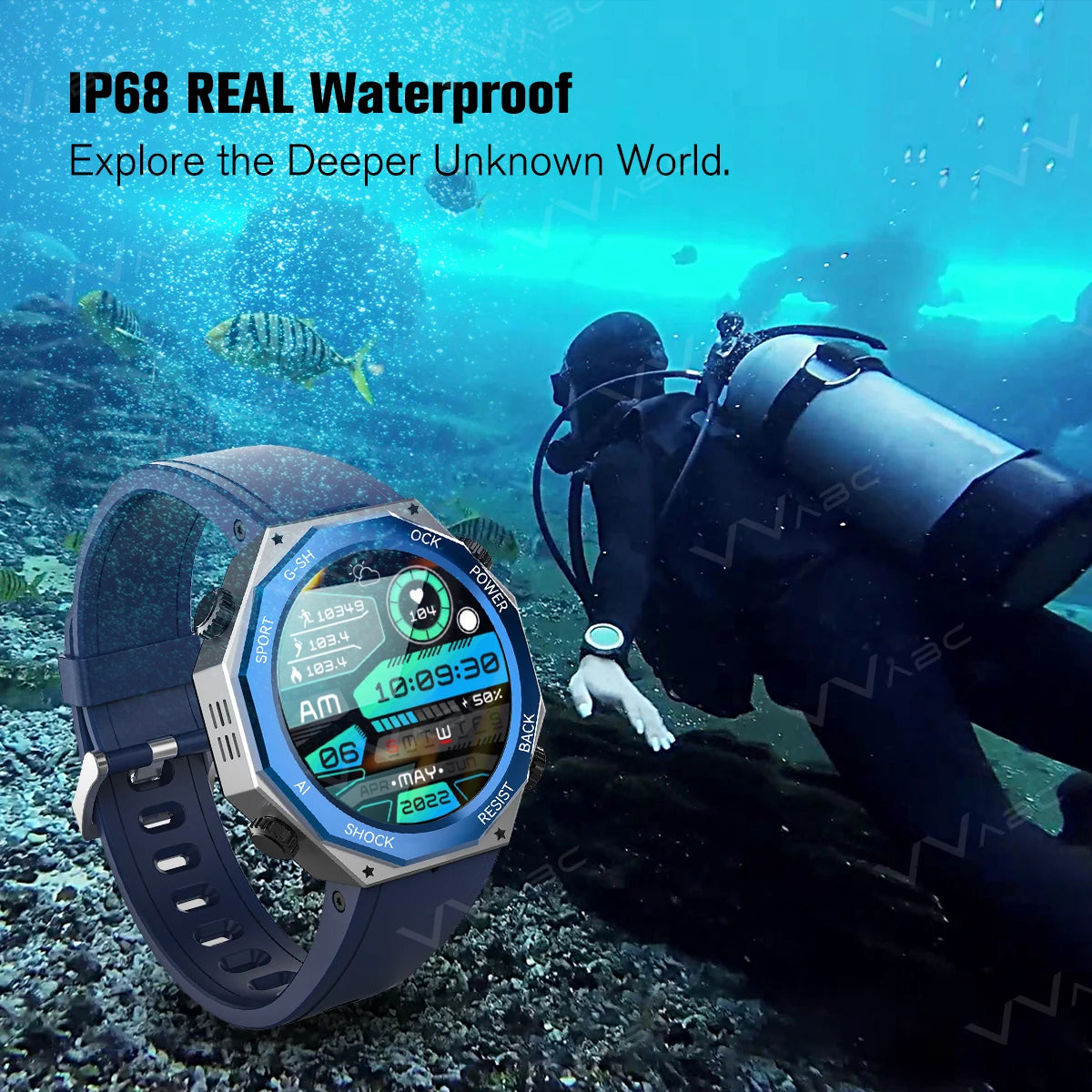 VVABC ip68 Waterproof Smart Watch For Men Rugged Swimming Diving Sport Fitness Tracker Outdoor Smartwatch Heart Rate Sleep Firm